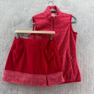 Adidas Top Skort Set Womens S Red Fleece Vest Full Zip Front Tennis Golf Sports